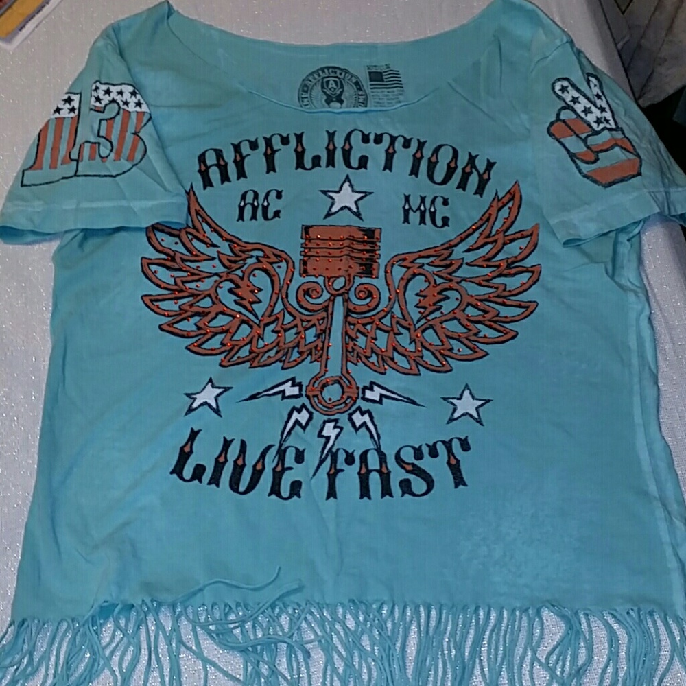 Affliction MC fringe studded top